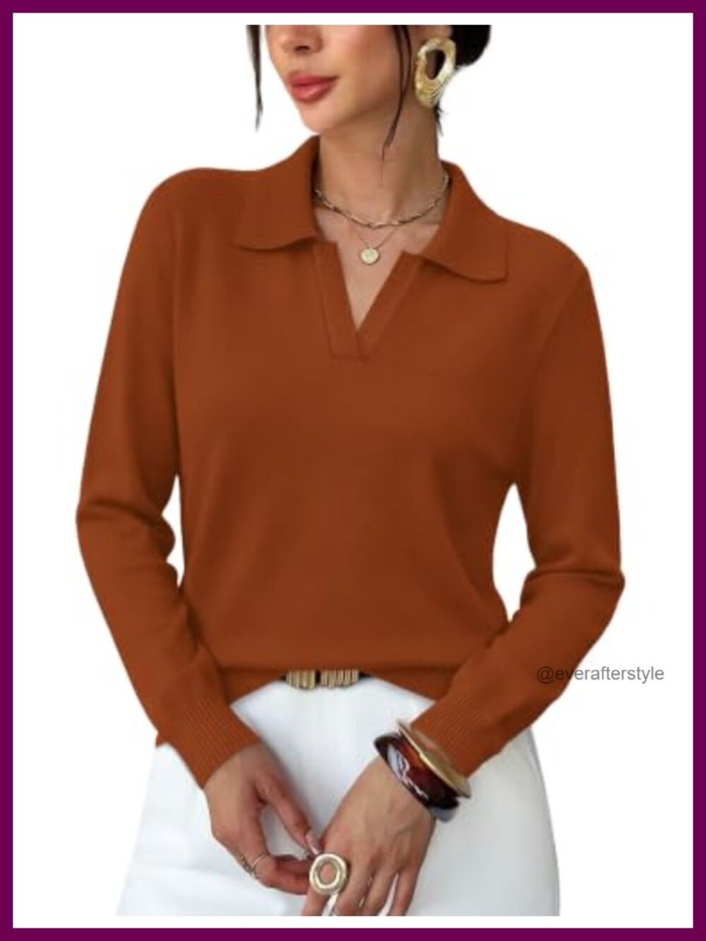 Womens Polo Collar V-Neck Pullover Sweater Long Sleeve Business Casual Knit Top